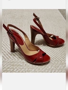 ALDO VTG Red Platform Heels Real Patent Leather Slingback Peep Toe 37 Y2k Retro